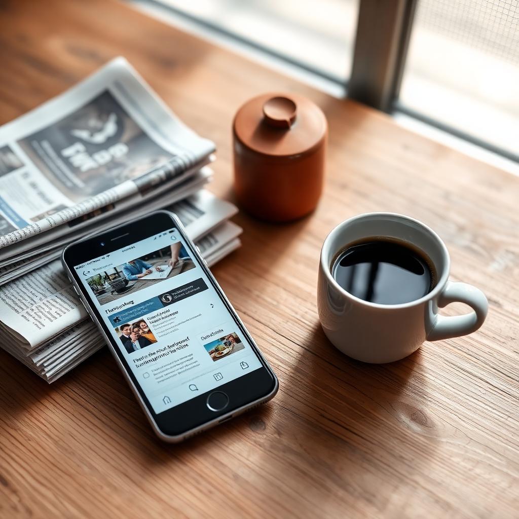 Zeitungen und Smartphone mit Newsfeed